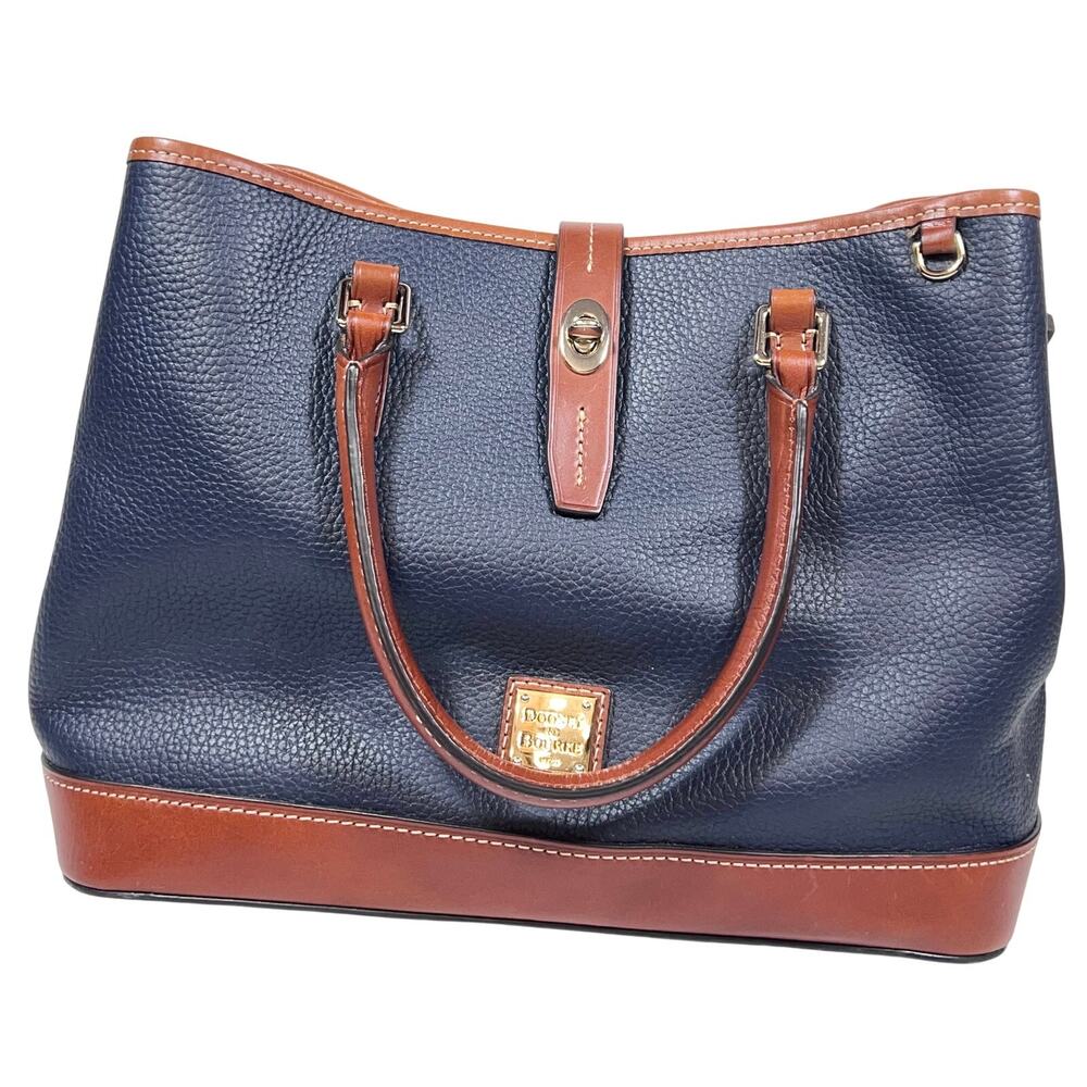 Dooney & Bourke Pebble Grain Perry Satchel Blue w/ Caramel Trim Gold Red Lining